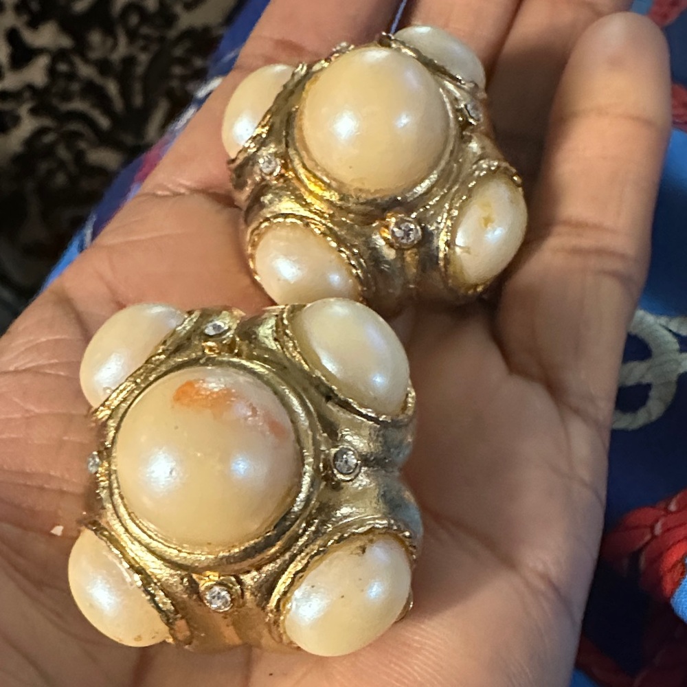 Large vintage Elegant Gold and Cream Statement Earrings-wear & tear